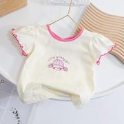 女童夏季短袖2023韩版洋气卡通，女宝宝圆领，百搭泡泡袖上衣t恤