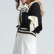 宽松感毛衣2024时尚，设计黑白撞色拼接蝙蝠袖，针织衫开衫上衣女