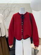 小哲小香风红色毛衣，外套女秋冬高级感超好看针织开衫上衣