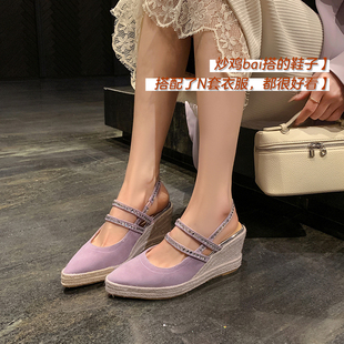 紫色包头坡跟凉鞋女2024夏季小众设计感厚底草编玛丽珍高跟鞋