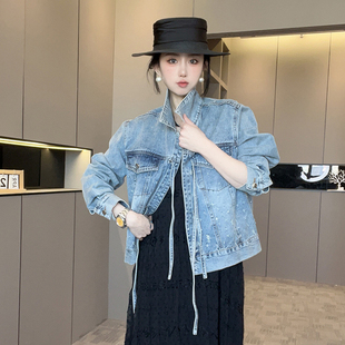 牛仔外套女2025春季新款设计感复古做旧破洞系带翻领短款长袖上衣