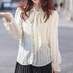 艺野系法式温柔高级感蝴蝶结，黄色雪纺衬衫，女春洋气时髦压褶衬衣
