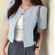 韩国chic夏季法式小众单排扣圆领显瘦百搭小香风粗纺短款开衫外套