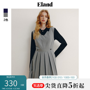 Eland衣恋连衣裙女格雷系学院风背心连衣裙百褶下摆裙子