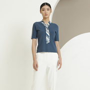 戴布拉芬品牌夏季飘带领双层领结构设计时尚百搭针织套头衫