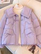 娃娃领盘扣紫色羽绒棉衣棉服女冬季大码微胖mm显瘦短款面包服外套