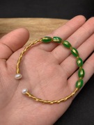 天然翡翠干青米珠满绿14k纯手工珍珠，手镯复古清新脱俗女士手链