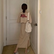 棉质网红连衣裙女2024夏季韩版镂空字母，开叉短袖学生宽松长裙
