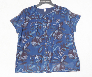 真丝短袖t恤夏装，女士桑蚕丝衬衫，薄款蓝色花朵