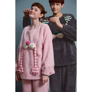 yso酷猫系列冬季情侣睡衣女珊瑚绒轻软卡通套装男家居服D