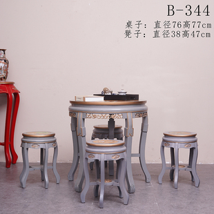 新中式彩绘实木圆茶桌茶台榆木仿古双用茶桌功夫休闲茶几饭桌复古