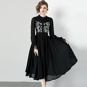 重工刺绣连衣裙女春季优雅气质，高级感蕾丝，拼接黑色小礼服裙子
