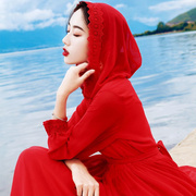 速发青海湖旅拍沙漠长裙红色连帽大摆雪纺仙女连衣裙海边度假