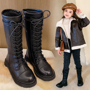 女童靴子长筒靴2023冬季时尚高筒靴小女孩皮靴，儿童加绒真皮靴