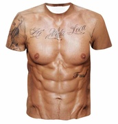 胸肌纹身T恤假肌肉腹肌图案3D立体短袖个性创意奇葩潮流夏季衣服