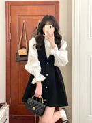 春季小香风气质名媛设计感小洋装韩系穿搭白色衬衫黑色连衣裙套装