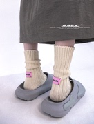 SS2L秋冬日系粉色标签纯色原胚棉粗线针织中筒袜子男女堆堆袜ins