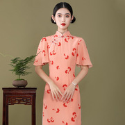 2023夏装中国风荷叶，袖真丝印花改良旗袍，裙子100%桑蚕丝连衣裙