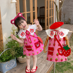 夏儿童(夏儿童)宝宝甜美可爱荷叶，领背心裙子，女童卡通草莓小熊斜挎包连衣裙