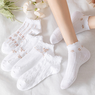 白色袜子女短袜纯棉ins潮女士短筒薄款女袜日系，花边女款可爱船袜