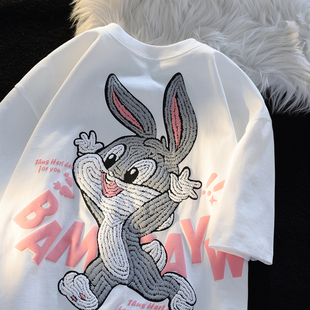 白色3d可爱兔子t恤女夏季宽松小众立体印花情侣，短袖潮牌原创上衣