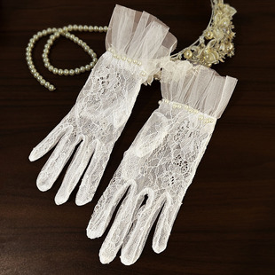 新娘婚纱手套，复古蕾丝白色网纱蝴蝶结珍珠，结婚礼服领证手套