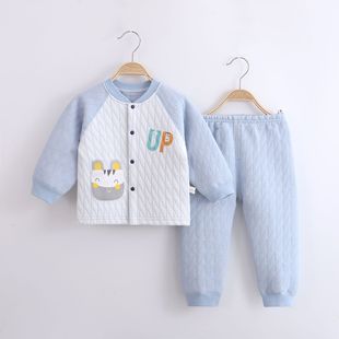 新生婴儿分体套装春秋 三层保暖衣服 宝宝睡衣纯棉打底夹棉两件套