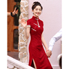 红色蕾丝旗袍敬酒服新娘，中式结婚订婚礼服，女红色连衣裙夏季高级感