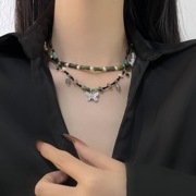天然石水晶蝴蝶串珠项链气质复古文艺锁骨链小众设计级感配饰品