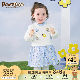 商场同款PawinPaw小熊童装秋冬款女宝宝花朵假两件连衣裙