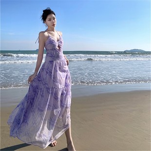 三亚旅行穿搭海边拍照度假沙滩裙高级感紫色晕染镂空露背仙女长裙
