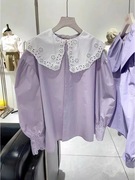 韩国东大门2024春季娃娃领减龄，设计感别致甜美紫色衬衫上衣