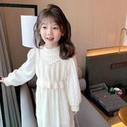 女童韩版加绒连衣裙秋冬装，儿童假两件白色，针织公主裙宝宝裙子