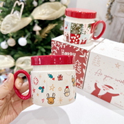 手绘红色圣诞杯子陶瓷马克杯咖啡杯子礼盒装送人礼物创意卡通盖杯