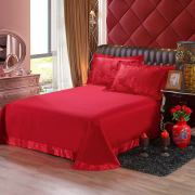 结婚床单双人大红单品大床婚庆三件套纯色飞边磨毛床上枕套1.8床
