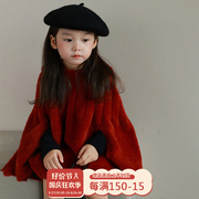 女童斗篷秋冬2023韩版女宝宝洋气，针织外套婴儿新年装红色披风