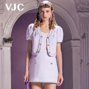VJC/威杰思春夏女装紫色格纹短袖小香花边复古短款外套