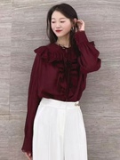 小腾阿玛施月品牌女装2024春秋法式气质荷叶领苎麻长袖衬衣衫
