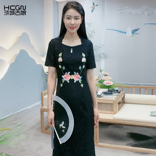 中式夏季精致绣花立领，短袖气质收腰女显瘦蕾丝黑色优雅大方连衣裙