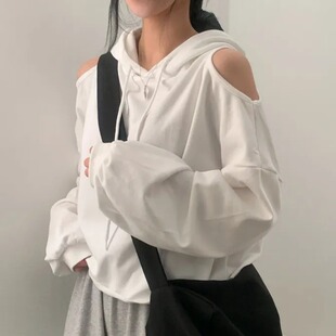 韩国chic秋季法式小众蝙蝠袖宽松百搭设计感时尚露肩连帽卫衣T恤