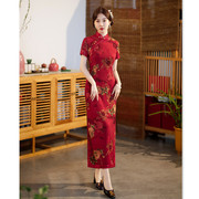 老上海复古中国风宽边红长款短袖旗袍2023春夏中老年婚宴礼服