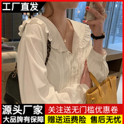 法式白色娃娃领衬衫女长袖，春秋荷叶边泡泡袖上衣气质显瘦衬衣