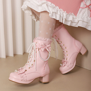 女童粉色高跟鞋儿童粗跟马丁靴，冬季加绒公主，风短靴2023靴子