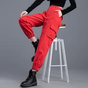 美式工装裤女2024秋冬大红色，裤子休闲小个子，束脚运动裤哈伦裤
