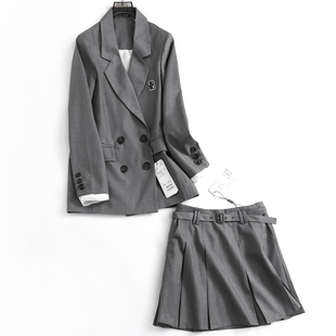 灰色贴布宽松显瘦双排扣西装领外套春季长袖百搭女小西服M385