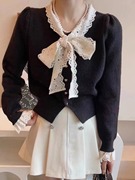 2024秋冬女法式蕾丝系带，针织开衫泡泡袖显瘦时髦外搭毛衣外套