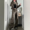 ddnx复古美式皮衣套装女秋冬机车服上衣外套直筒休闲工装裤两件套