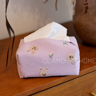 客厅餐巾纸盒抽纸盒，布艺车载纸巾盒扶手箱，双层纯棉刺绣小兔纸巾袋