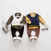 韩系学院风男宝宝套装，春秋男童格子，衬衣小男孩英伦帅气马甲三件套