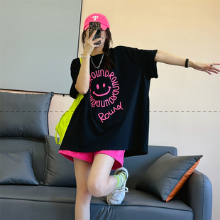 夏季纯棉亮色宽松大码笑脸短袖T恤女百搭休闲半袖显瘦中长款上衣